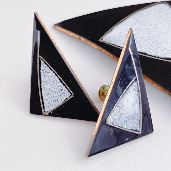VTG MCM Enamel Copper Brooch & Earrings Set Modernist Geometric Black White - Picture 3 of 11